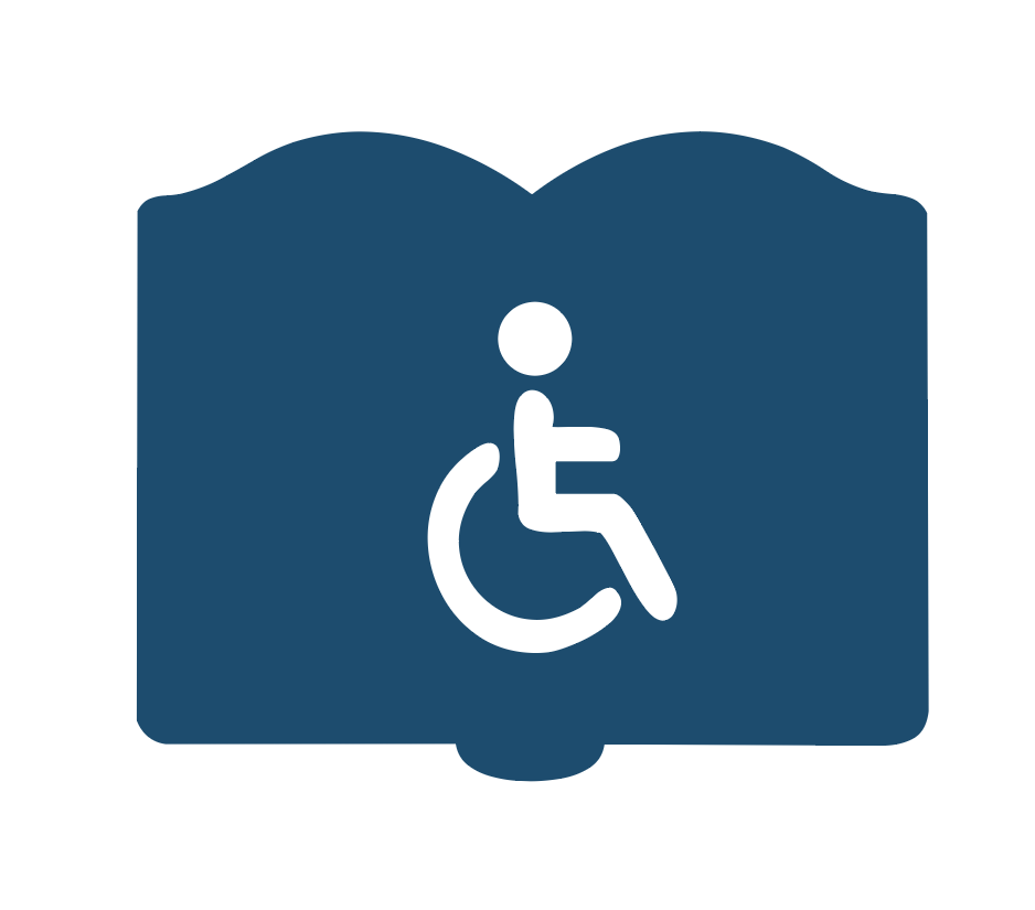 Icon of an open book and a handicap symbol.